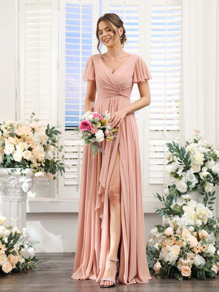 V-Neck A-Line Floor-Length Bridesmaid Dress with Side Split and Short Sleeves