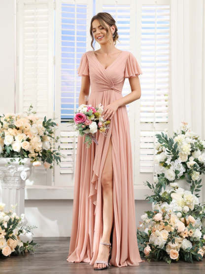 V-Neck A-Line Floor-Length Bridesmaid Dress with Side Split and Short Sleeves