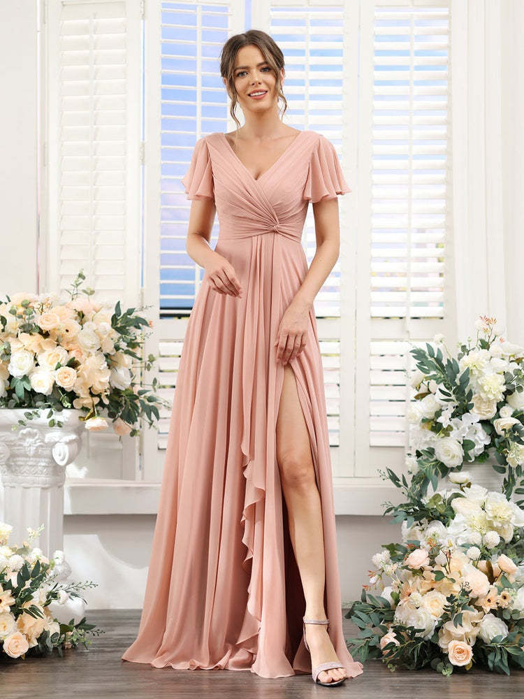 V-Neck A-Line Floor-Length Bridesmaid Dress with Side Split and Short Sleeves