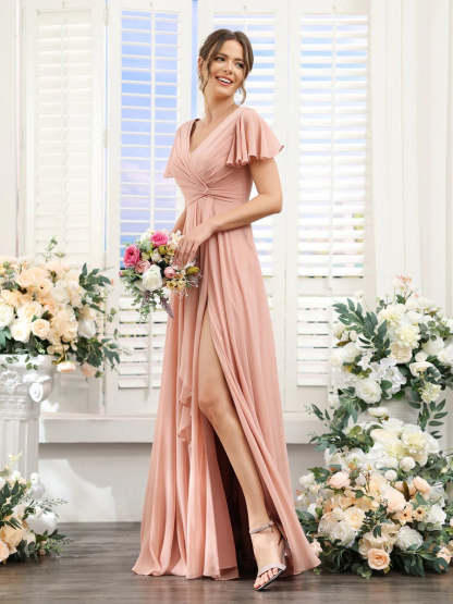 V-Neck A-Line Floor-Length Bridesmaid Dress with Side Split and Short Sleeves