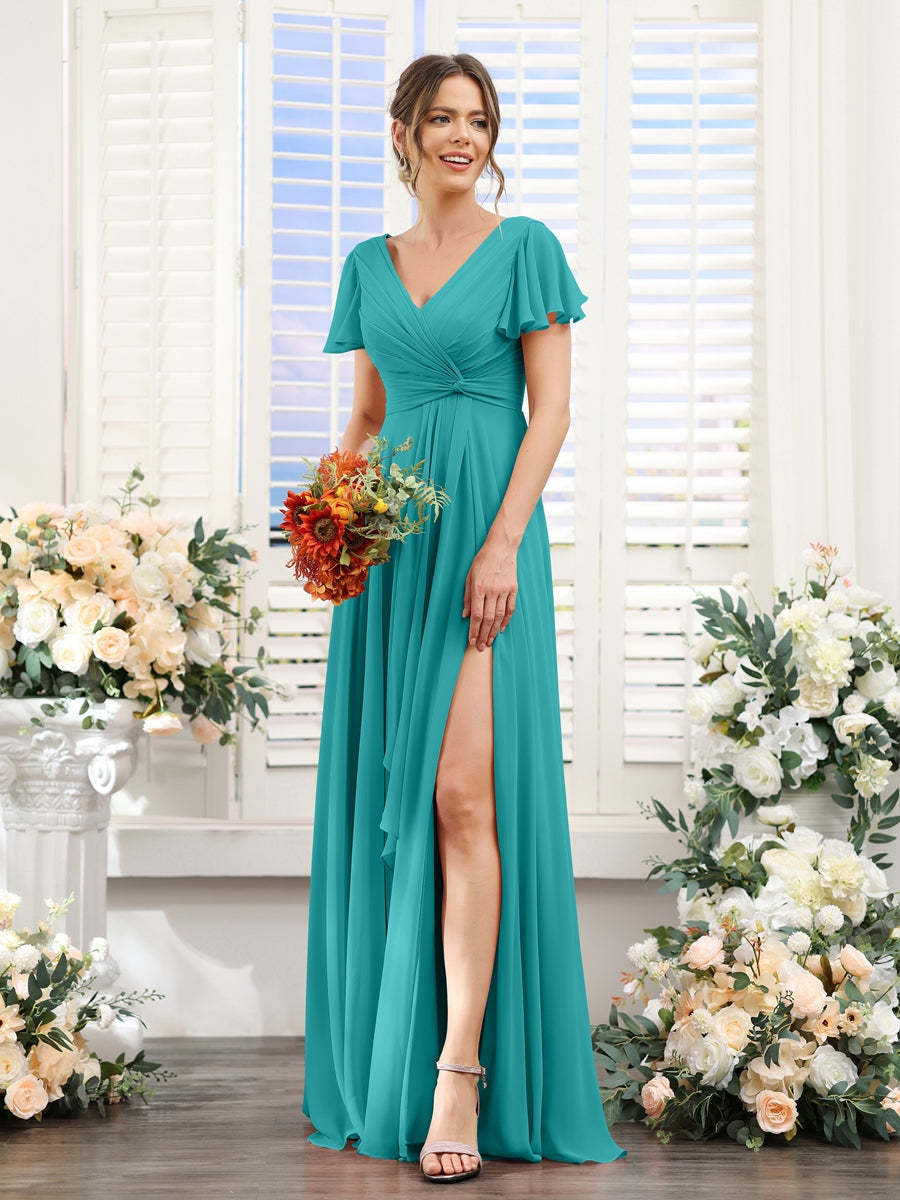 V-Neck A-Line Floor-Length Bridesmaid Dress with Side Split and Short Sleeves