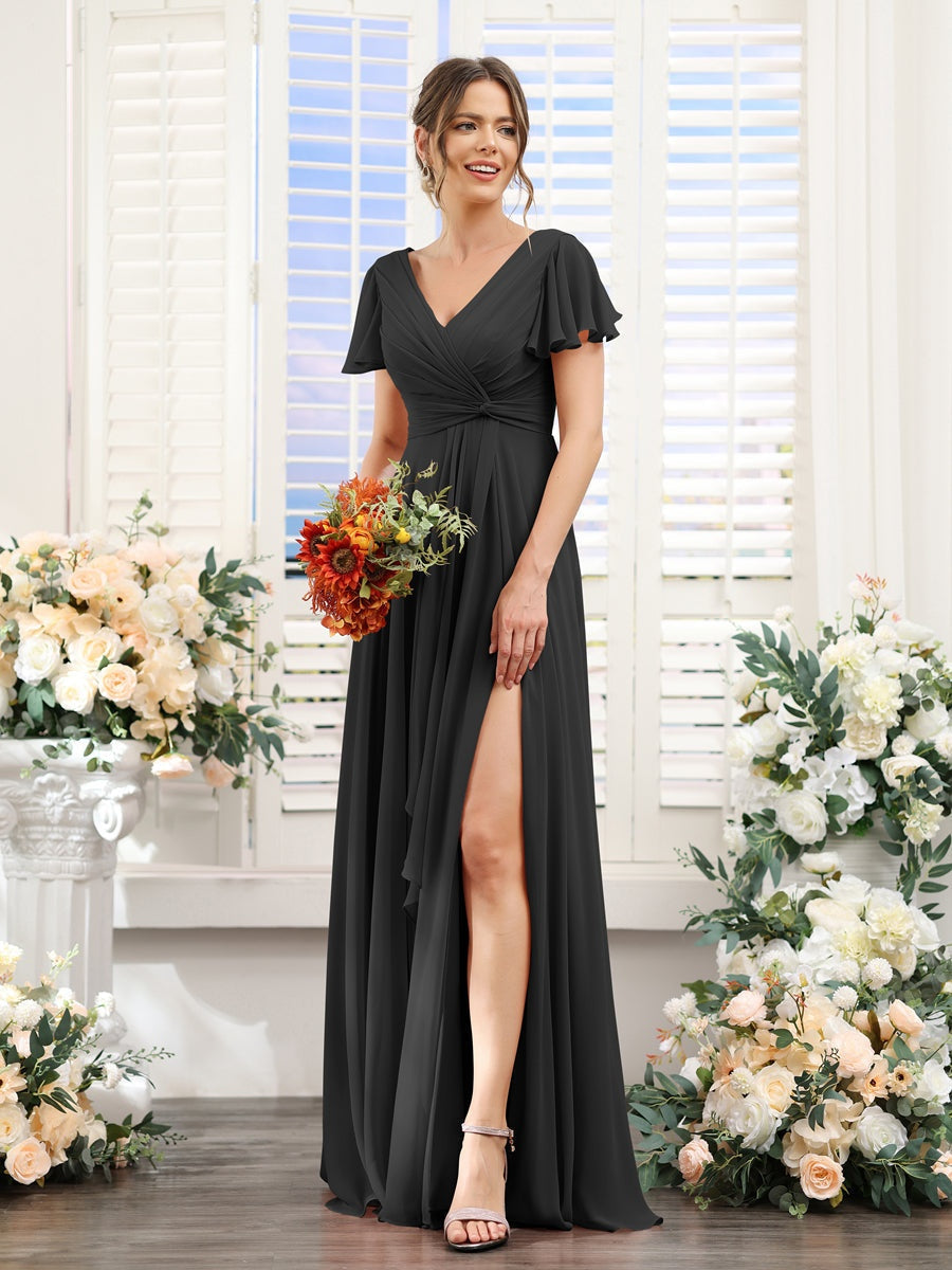 V-Neck A-Line Floor-Length Bridesmaid Dress with Side Split and Short Sleeves