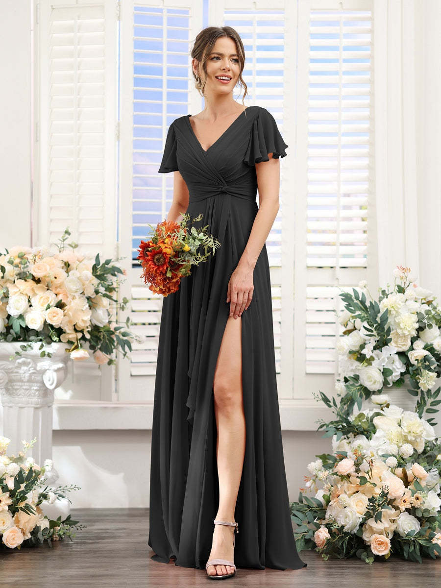 V-Neck A-Line Floor-Length Bridesmaid Dress with Side Split and Short Sleeves