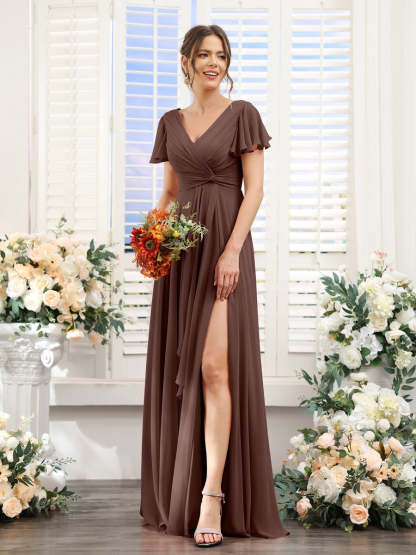 V-Neck A-Line Floor-Length Bridesmaid Dress with Side Split and Short Sleeves