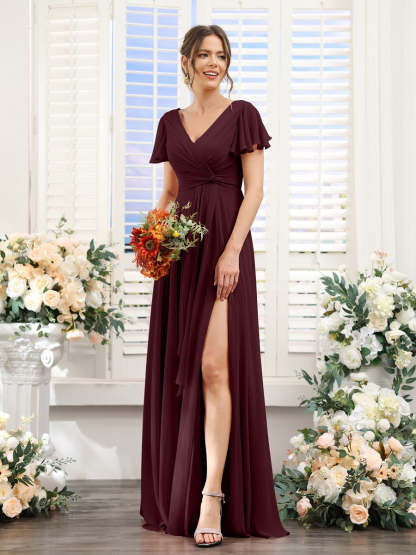 V-Neck A-Line Floor-Length Bridesmaid Dress with Side Split and Short Sleeves
