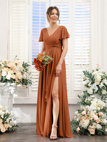 V-Neck A-Line Floor-Length Bridesmaid Dress with Side Split and Short Sleeves