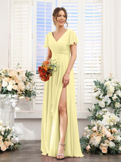V-Neck A-Line Floor-Length Bridesmaid Dress with Side Split and Short Sleeves