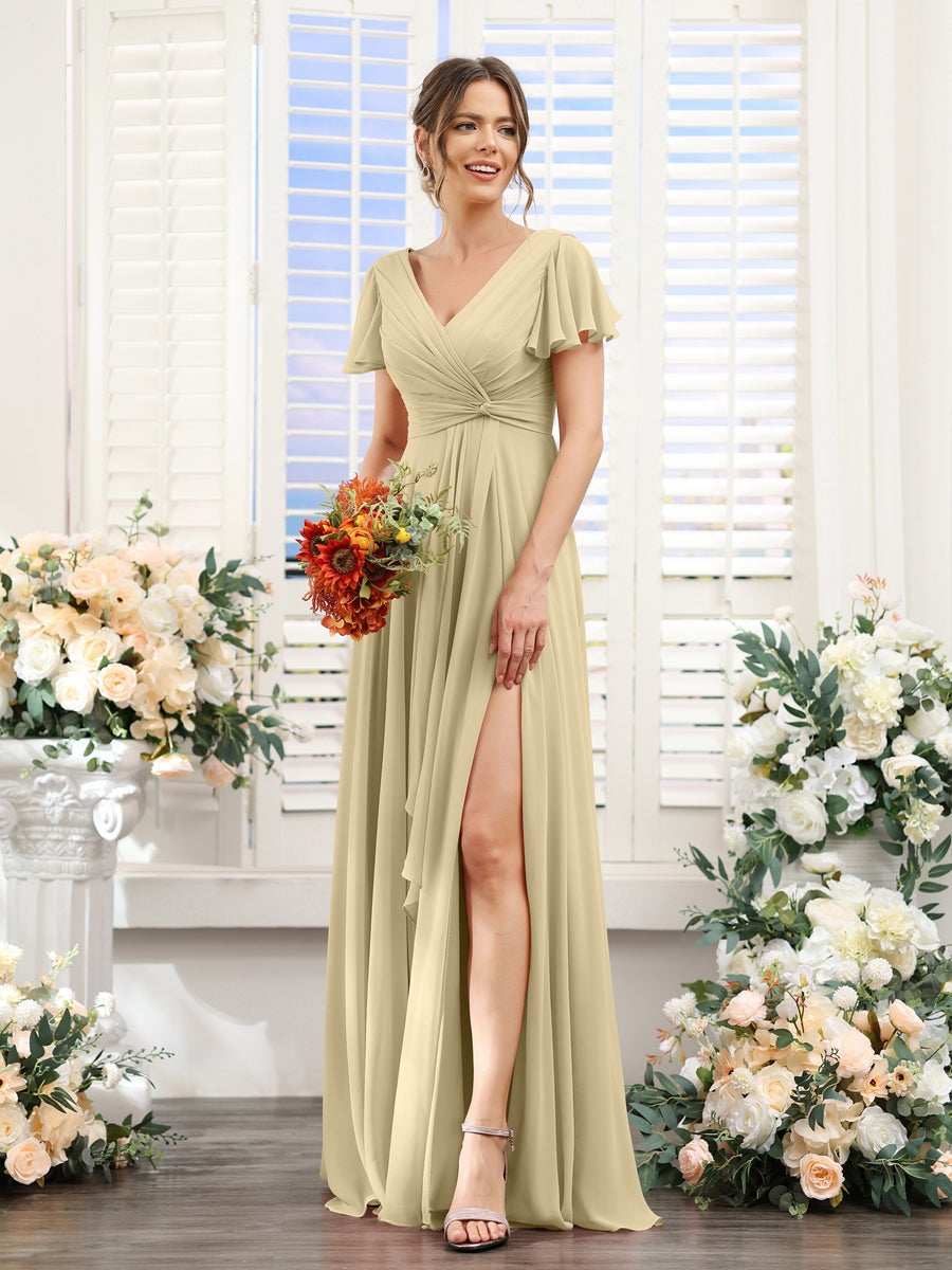 V-Neck A-Line Floor-Length Bridesmaid Dress with Side Split and Short Sleeves