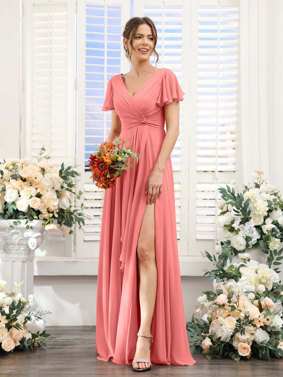 V-Neck A-Line Floor-Length Bridesmaid Dress with Side Split and Short Sleeves