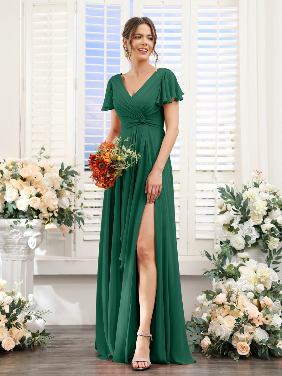 V-Neck A-Line Floor-Length Bridesmaid Dress with Side Split and Short Sleeves