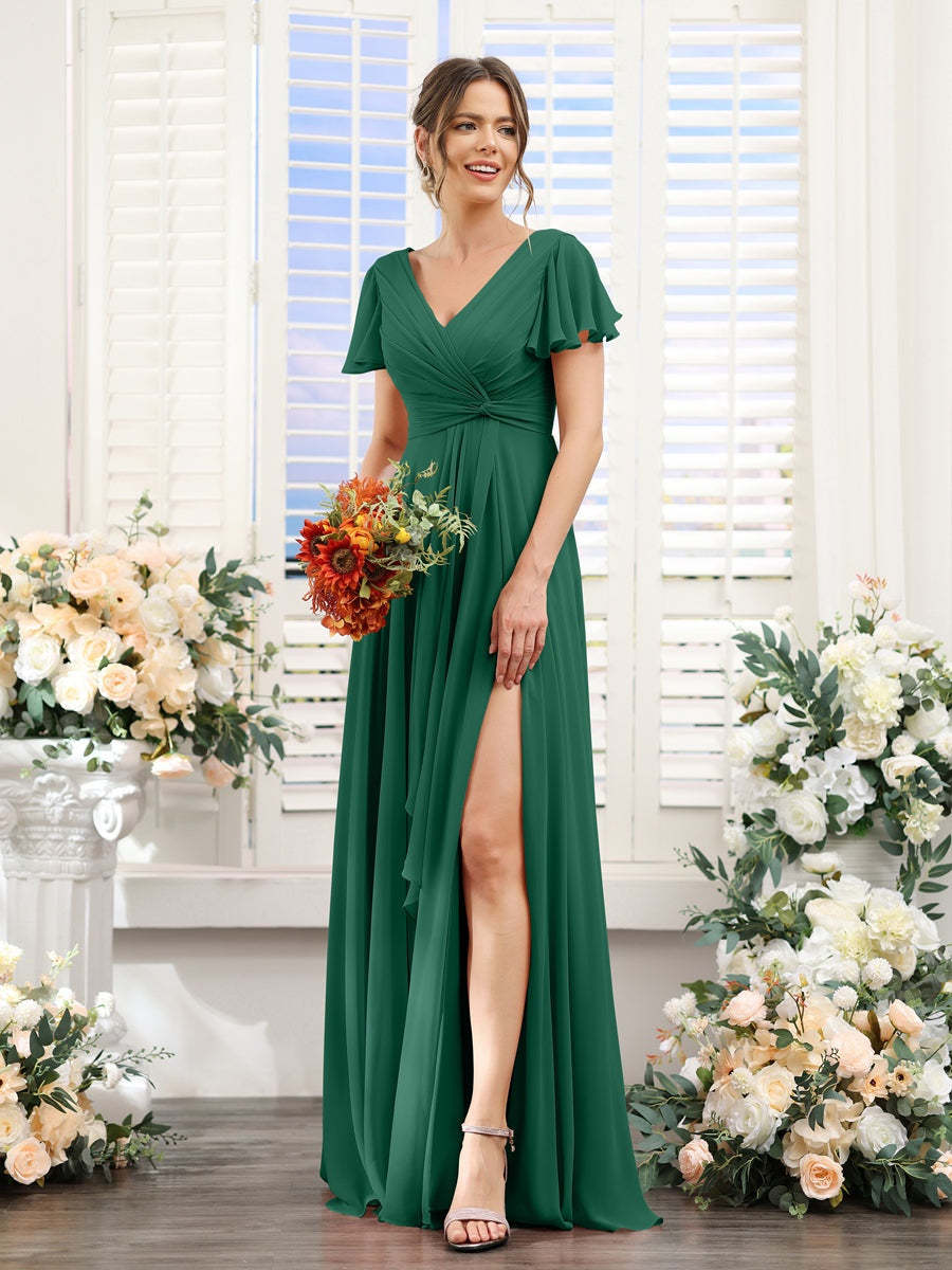 V-Neck A-Line Floor-Length Bridesmaid Dress with Side Split and Short Sleeves