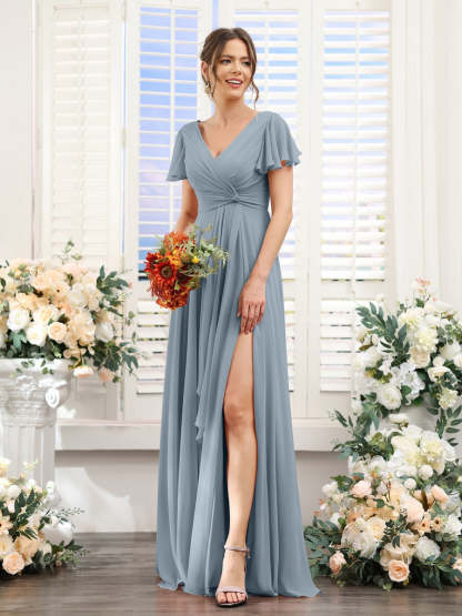 V-Neck A-Line Floor-Length Bridesmaid Dress with Side Split and Short Sleeves