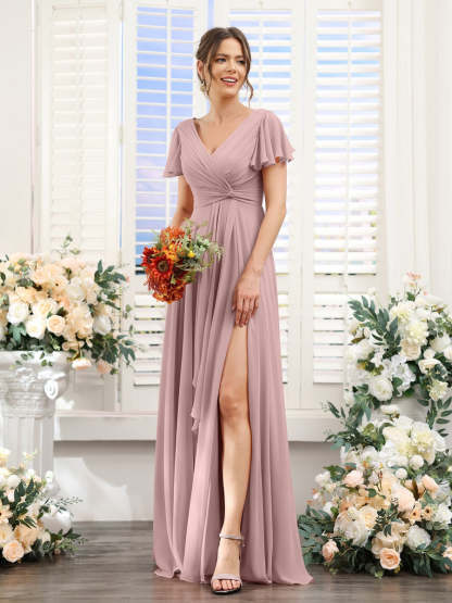 V-Neck A-Line Floor-Length Bridesmaid Dress with Side Split and Short Sleeves