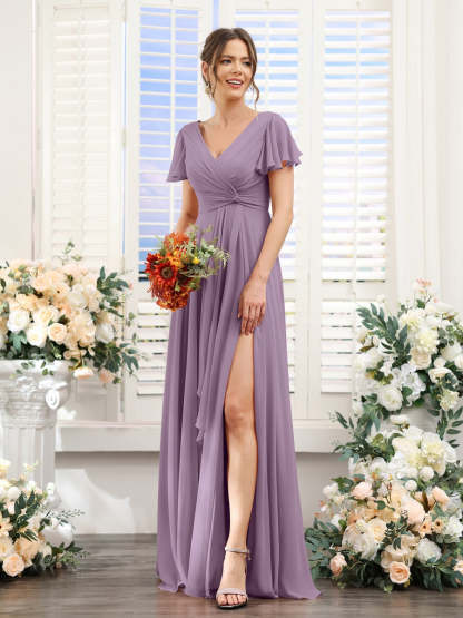 V-Neck A-Line Floor-Length Bridesmaid Dress with Side Split and Short Sleeves