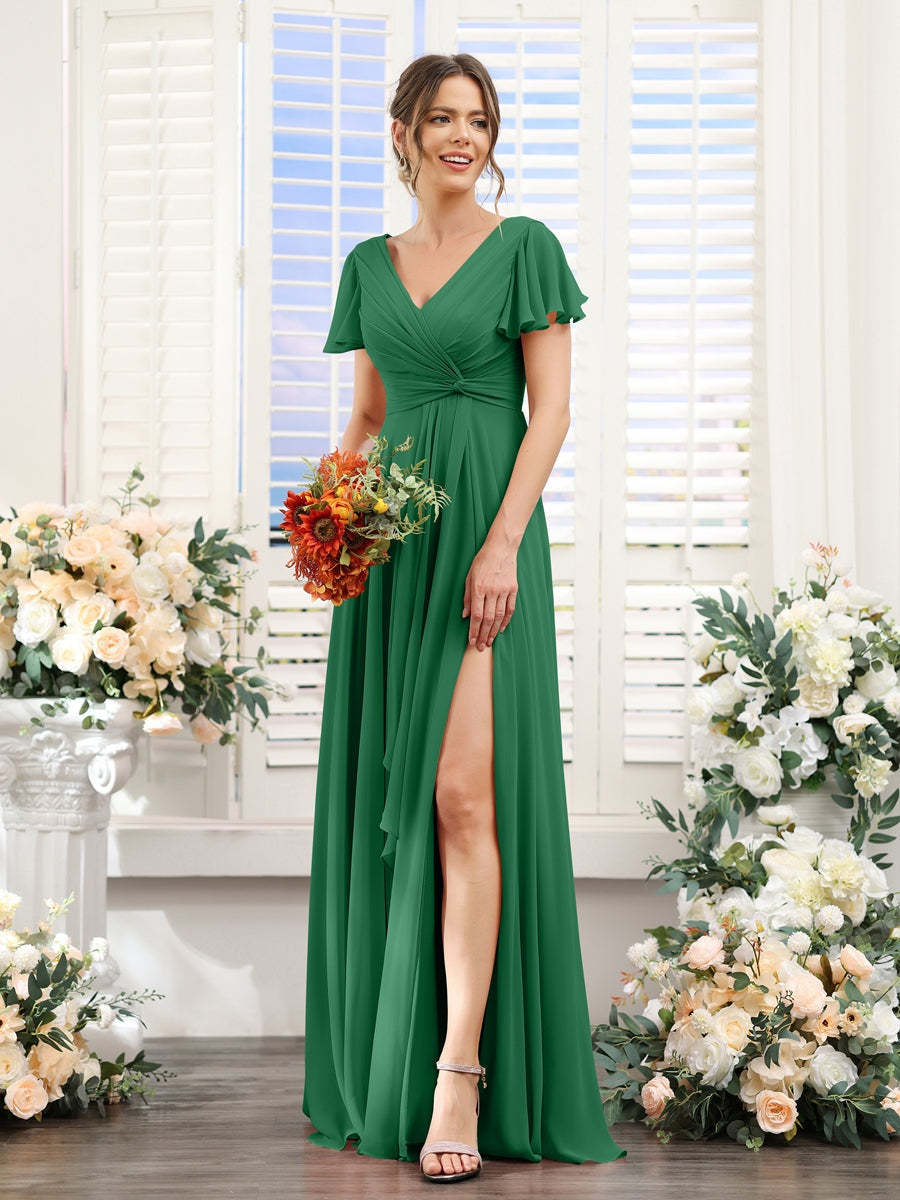 V-Neck A-Line Floor-Length Bridesmaid Dress with Side Split and Short Sleeves