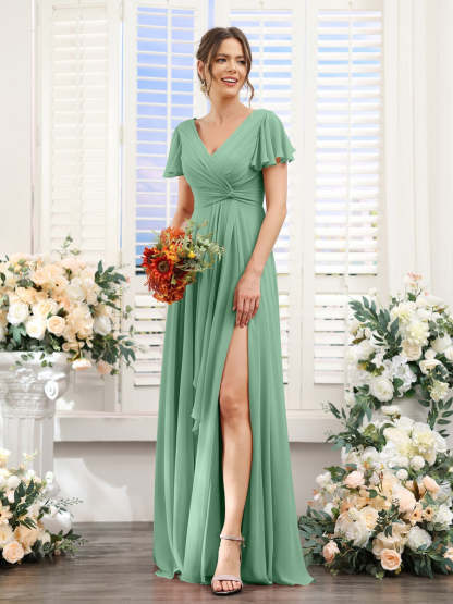 V-Neck A-Line Floor-Length Bridesmaid Dress with Side Split and Short Sleeves
