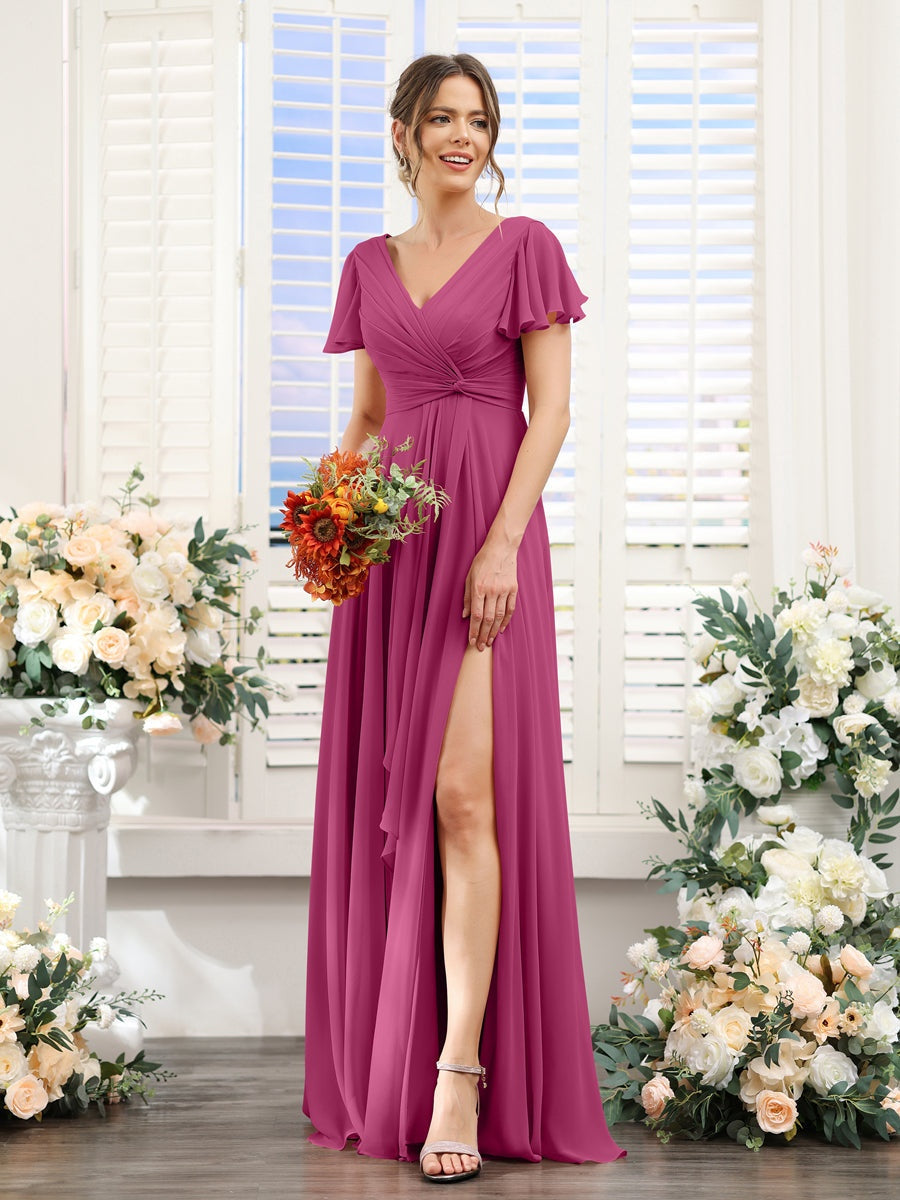 V-Neck A-Line Floor-Length Bridesmaid Dress with Side Split and Short Sleeves
