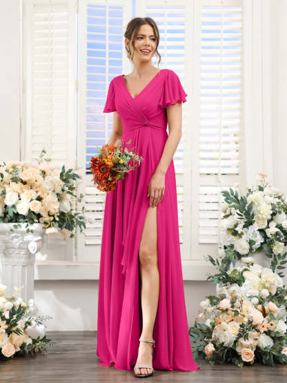 V-Neck A-Line Floor-Length Bridesmaid Dress with Side Split and Short Sleeves