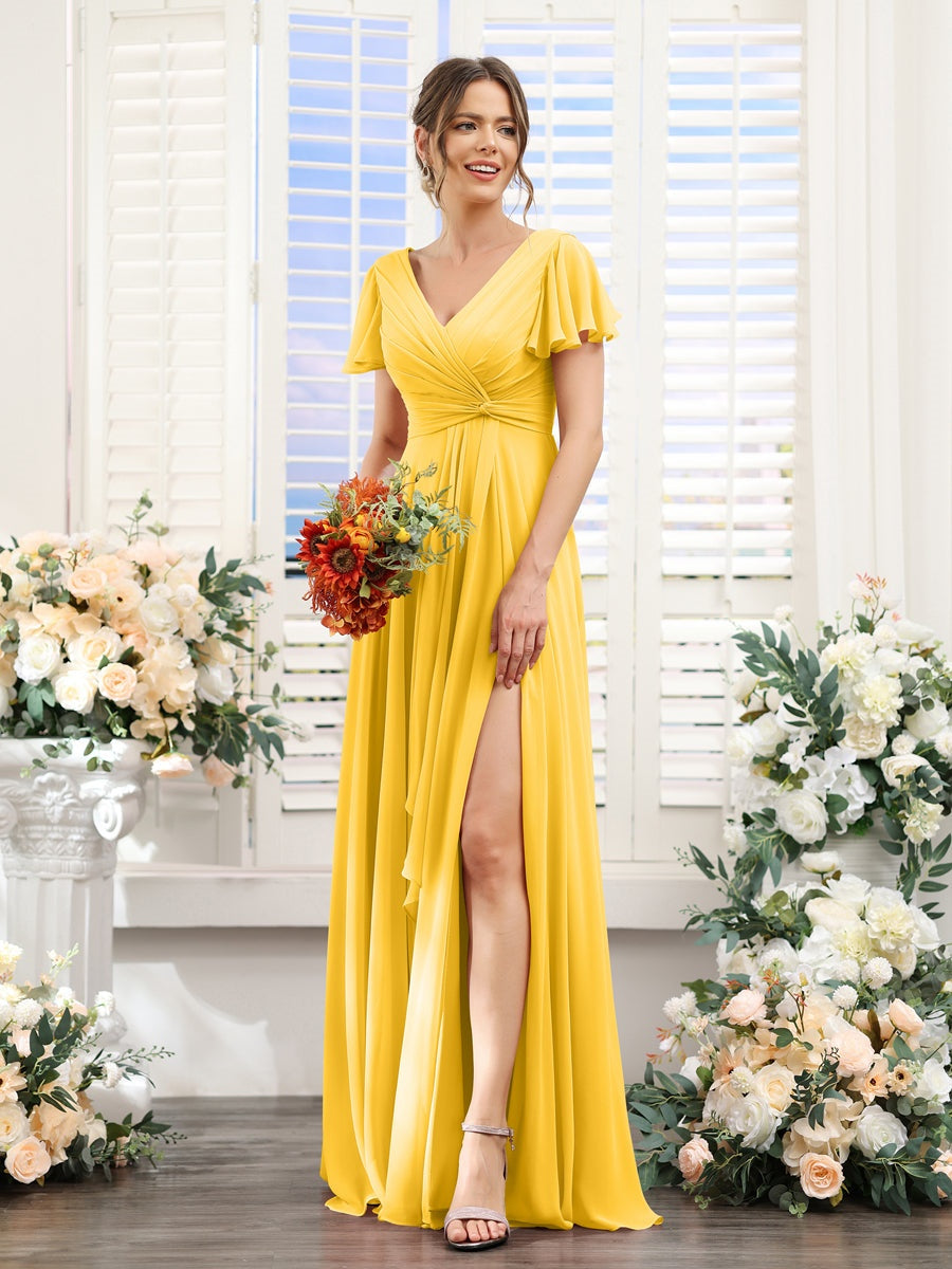 V-Neck A-Line Floor-Length Bridesmaid Dress with Side Split and Short Sleeves