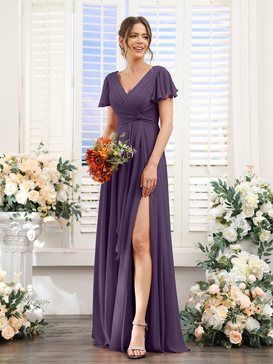 V-Neck A-Line Floor-Length Bridesmaid Dress with Side Split and Short Sleeves