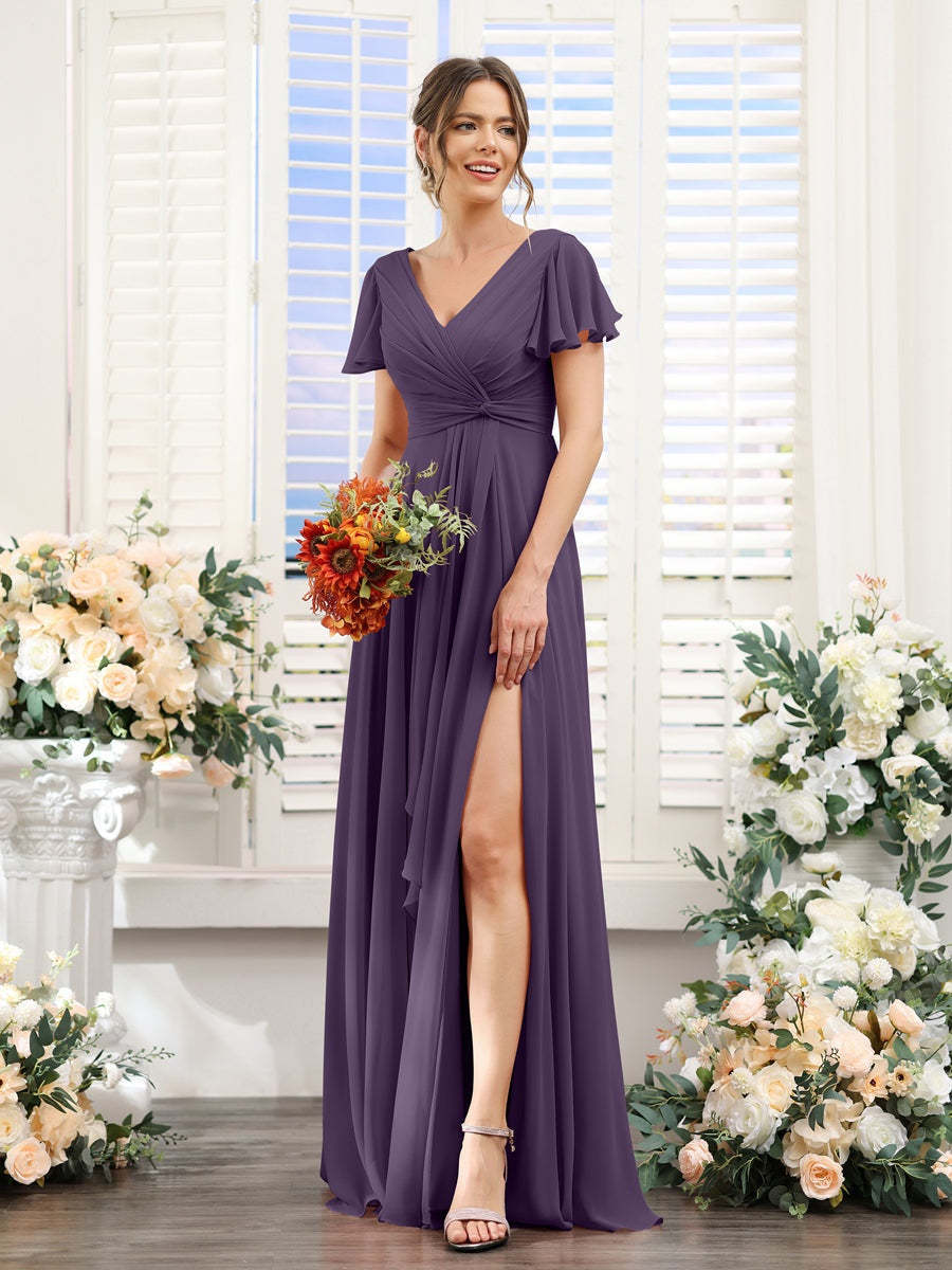 V-Neck A-Line Floor-Length Bridesmaid Dress with Side Split and Short Sleeves