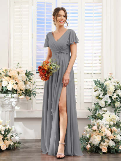 V-Neck A-Line Floor-Length Bridesmaid Dress with Side Split and Short Sleeves