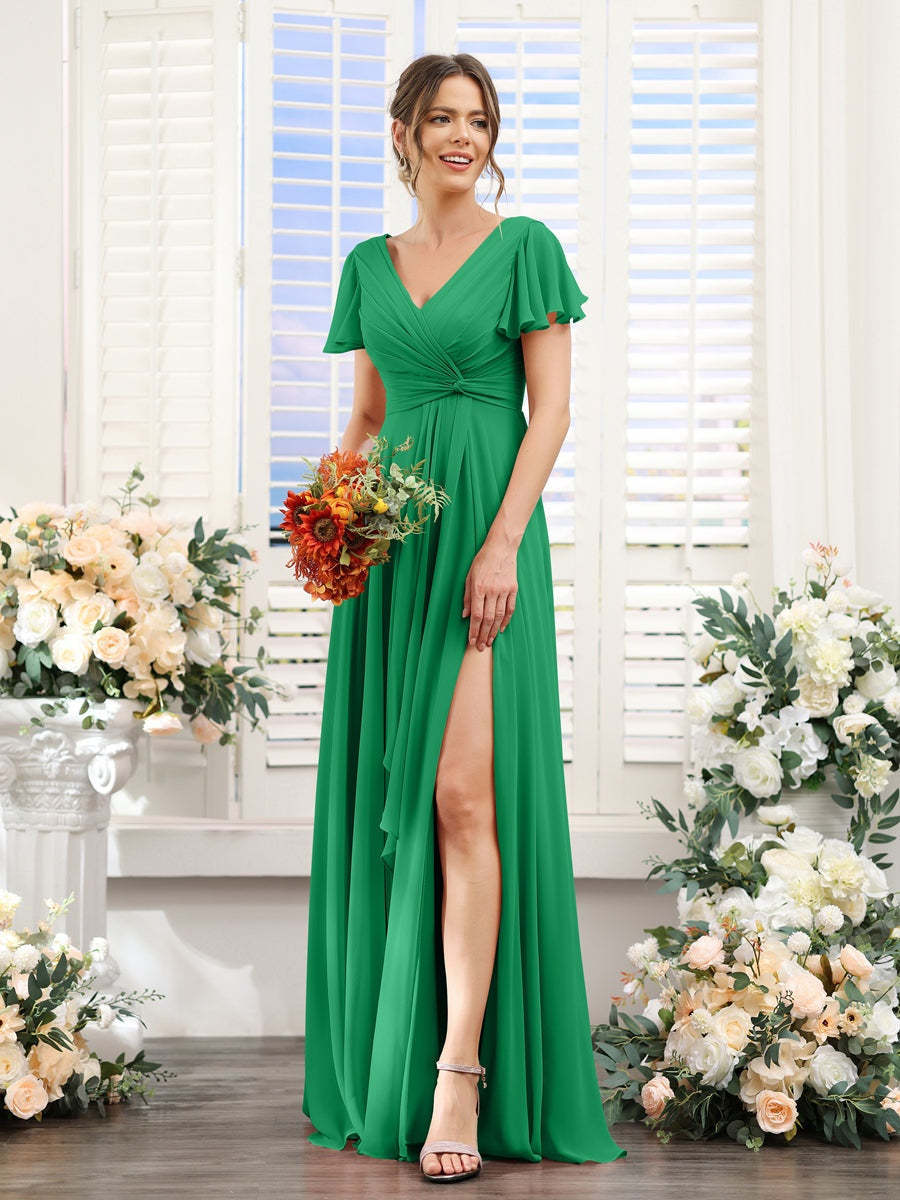 V-Neck A-Line Floor-Length Bridesmaid Dress with Side Split and Short Sleeves