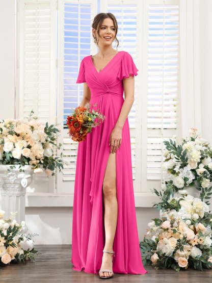 V-Neck A-Line Floor-Length Bridesmaid Dress with Side Split and Short Sleeves