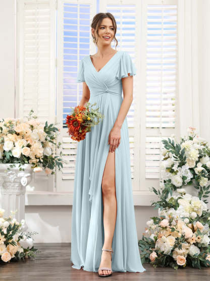 V-Neck A-Line Floor-Length Bridesmaid Dress with Side Split and Short Sleeves