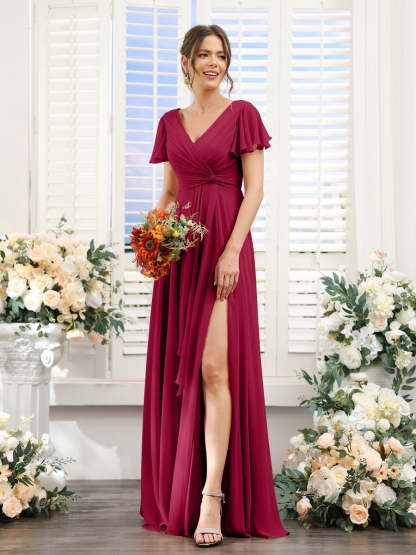 V-Neck A-Line Floor-Length Bridesmaid Dress with Side Split and Short Sleeves