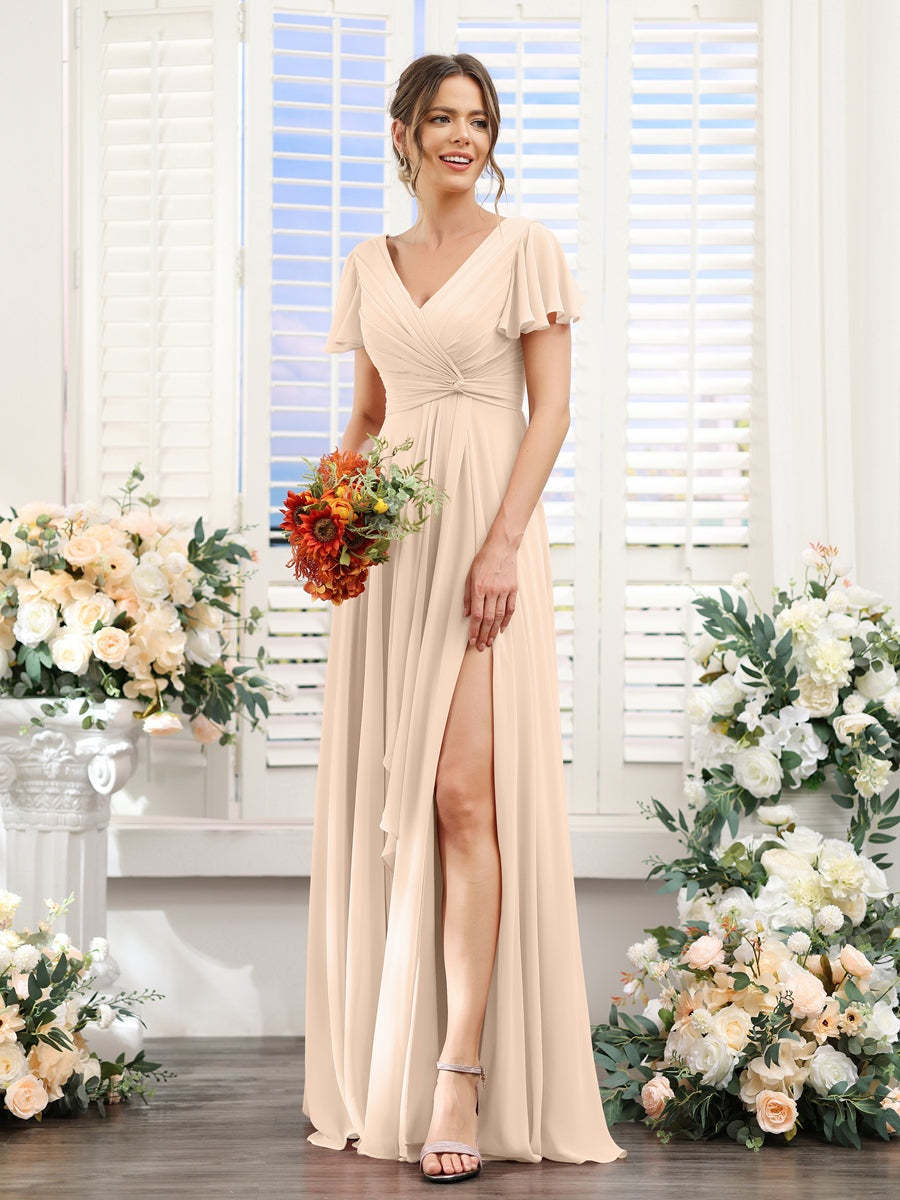 V-Neck A-Line Floor-Length Bridesmaid Dress with Side Split and Short Sleeves