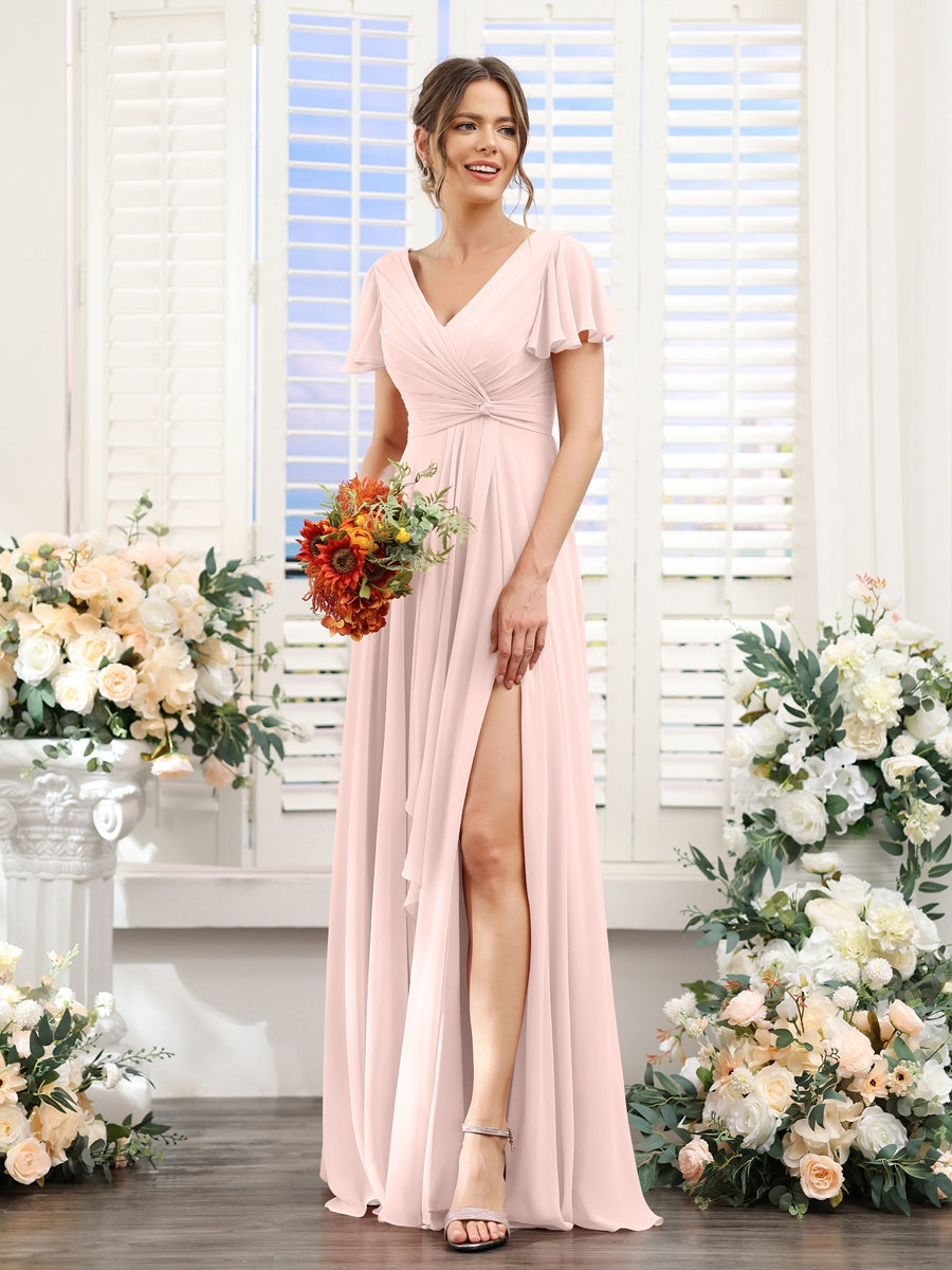 V-Neck A-Line Floor-Length Bridesmaid Dress with Side Split and Short Sleeves