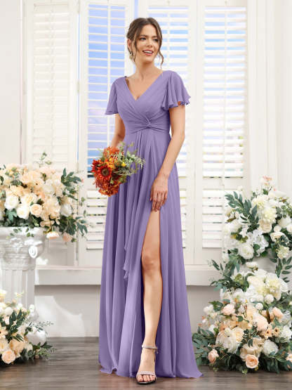 V-Neck A-Line Floor-Length Bridesmaid Dress with Side Split and Short Sleeves