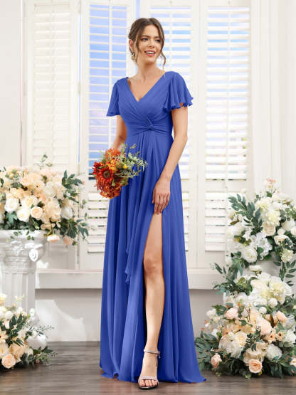 V-Neck A-Line Floor-Length Bridesmaid Dress with Side Split and Short Sleeves