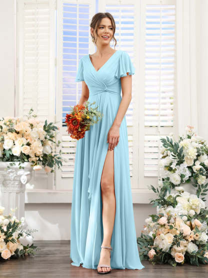 V-Neck A-Line Floor-Length Bridesmaid Dress with Side Split and Short Sleeves