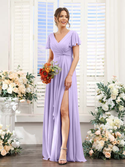 V-Neck A-Line Floor-Length Bridesmaid Dress with Side Split and Short Sleeves