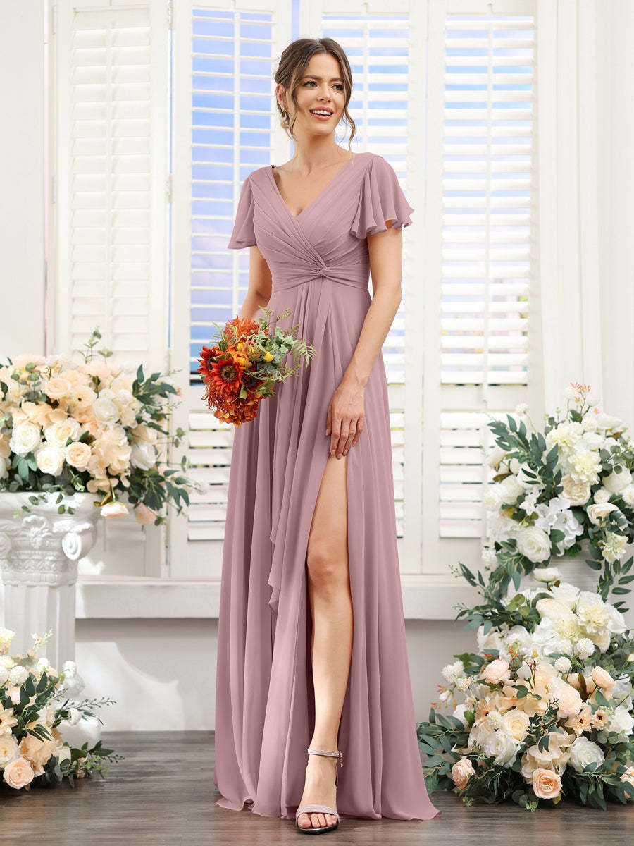 V-Neck A-Line Floor-Length Bridesmaid Dress with Side Split and Short Sleeves