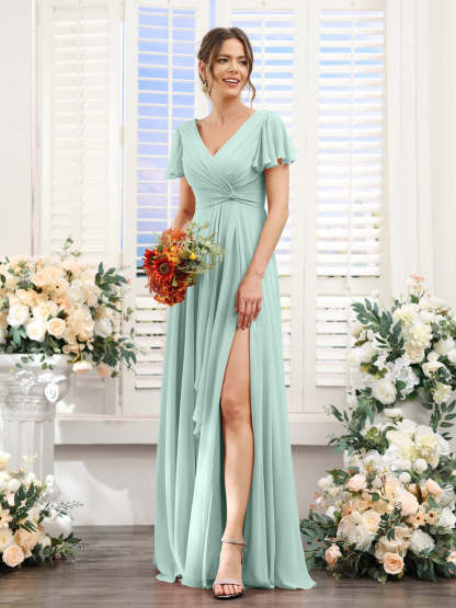V-Neck A-Line Floor-Length Bridesmaid Dress with Side Split and Short Sleeves