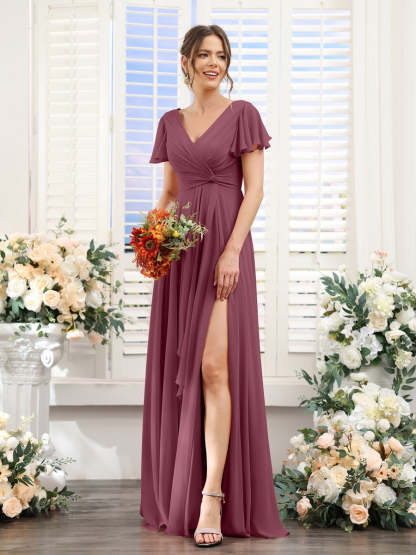 V-Neck A-Line Floor-Length Bridesmaid Dress with Side Split and Short Sleeves
