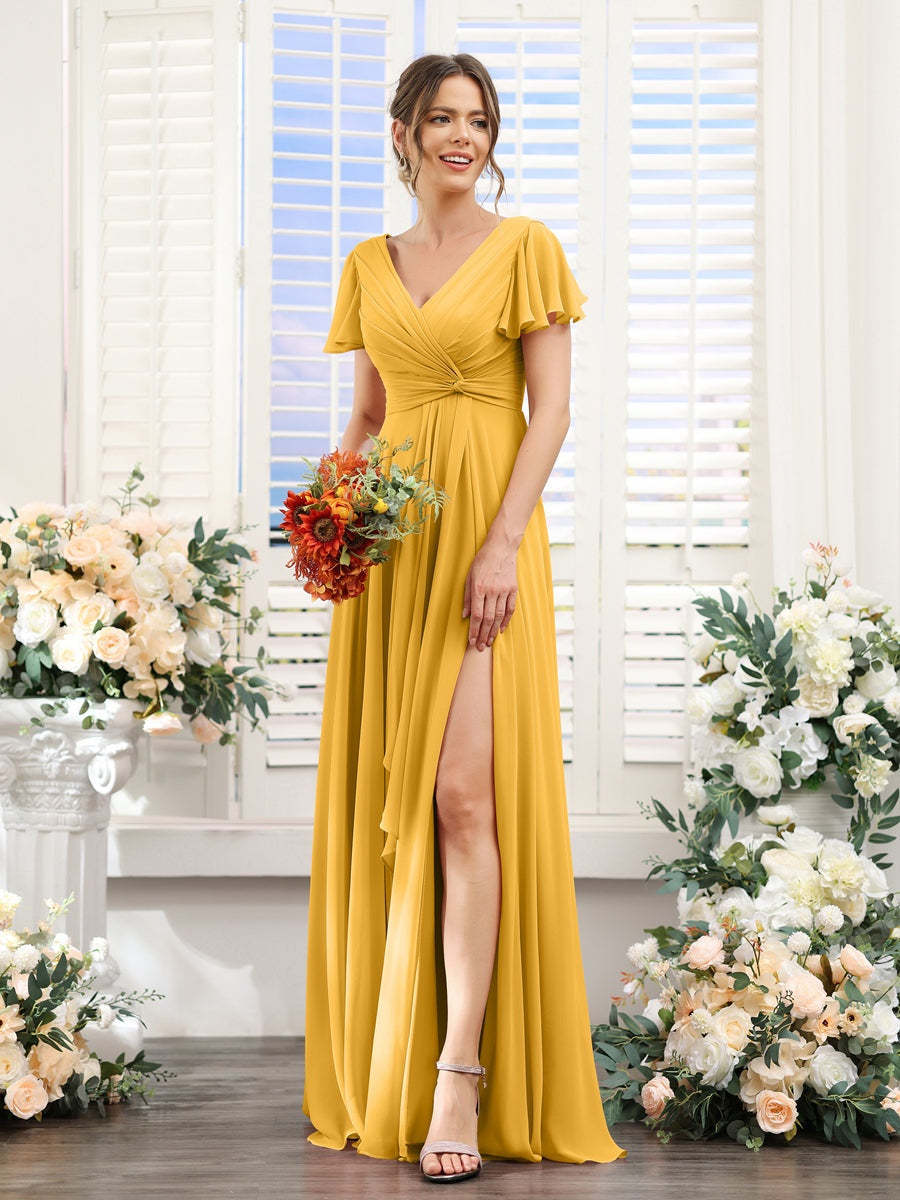 V-Neck A-Line Floor-Length Bridesmaid Dress with Side Split and Short Sleeves