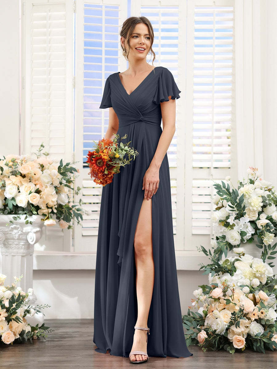 V-Neck A-Line Floor-Length Bridesmaid Dress with Side Split and Short Sleeves