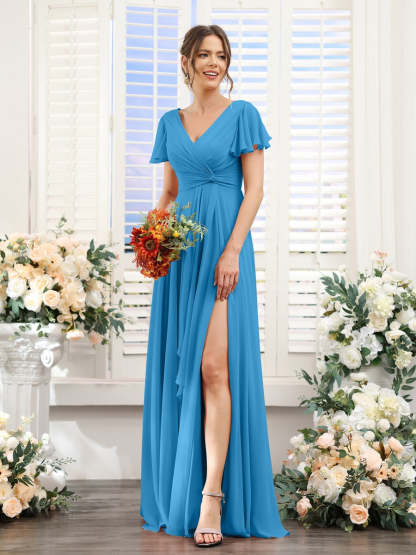V-Neck A-Line Floor-Length Bridesmaid Dress with Side Split and Short Sleeves