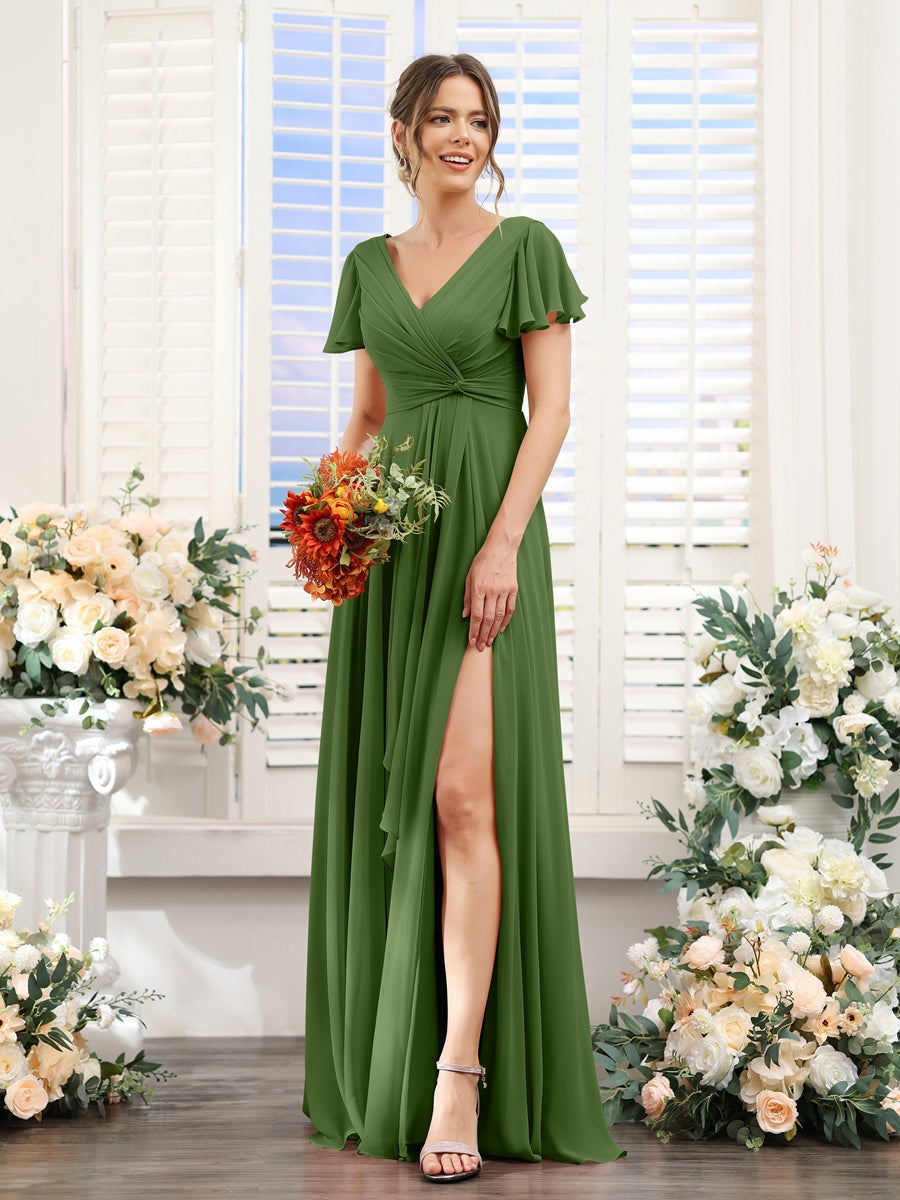 V-Neck A-Line Floor-Length Bridesmaid Dress with Side Split and Short Sleeves