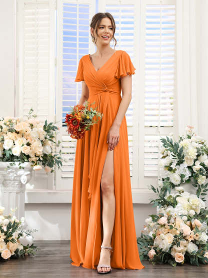 V-Neck A-Line Floor-Length Bridesmaid Dress with Side Split and Short Sleeves