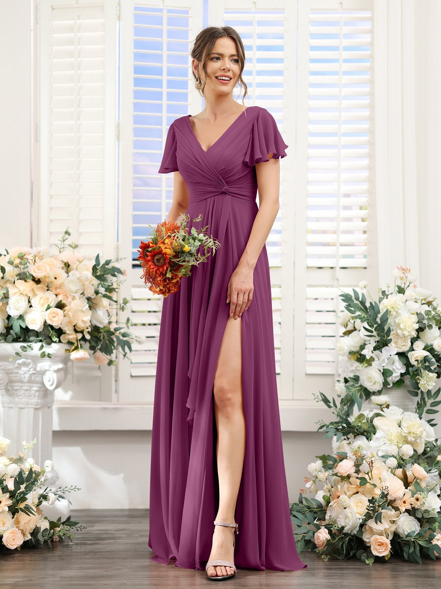V-Neck A-Line Floor-Length Bridesmaid Dress with Side Split and Short Sleeves