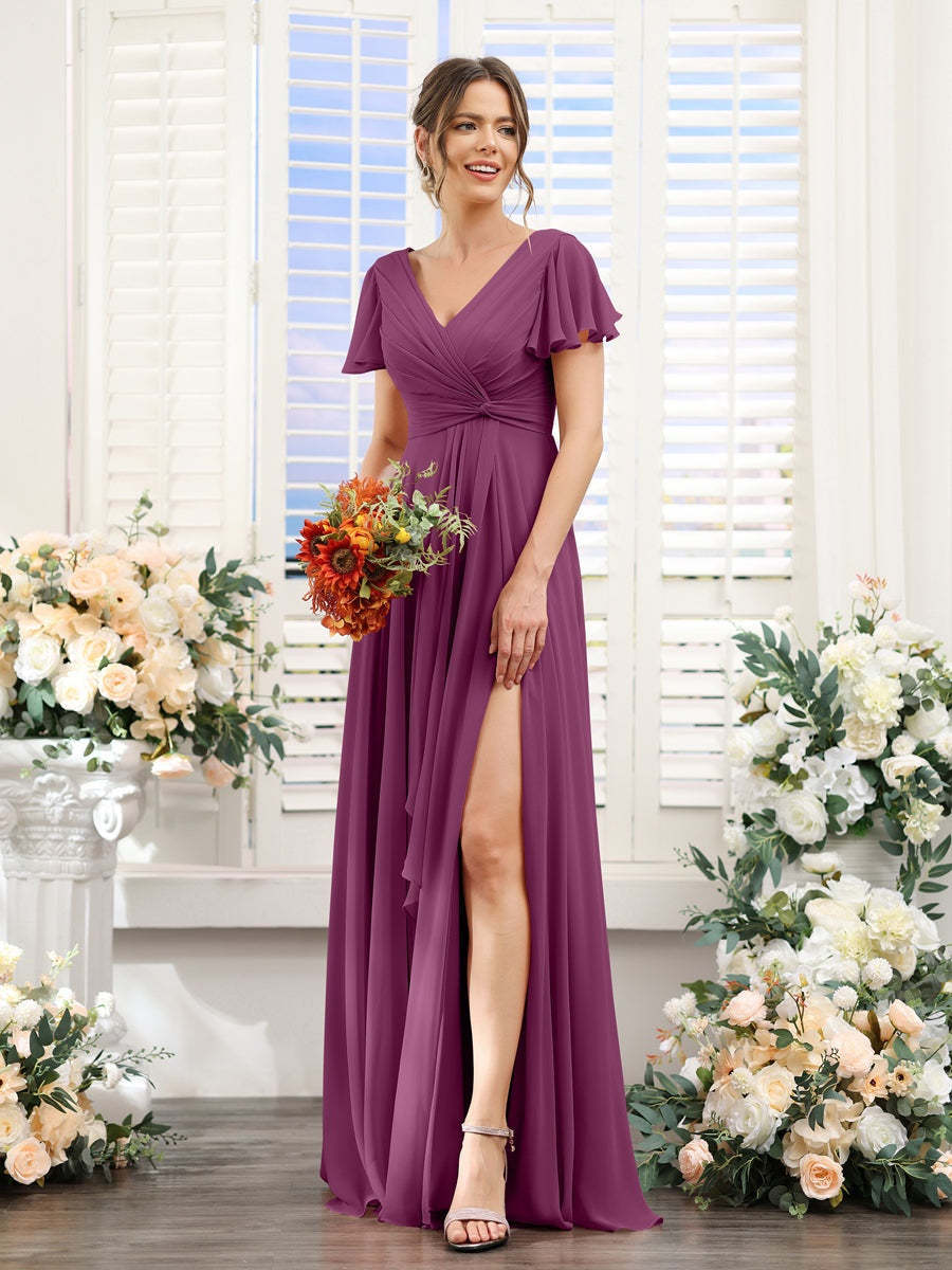 V-Neck A-Line Floor-Length Bridesmaid Dress with Side Split and Short Sleeves