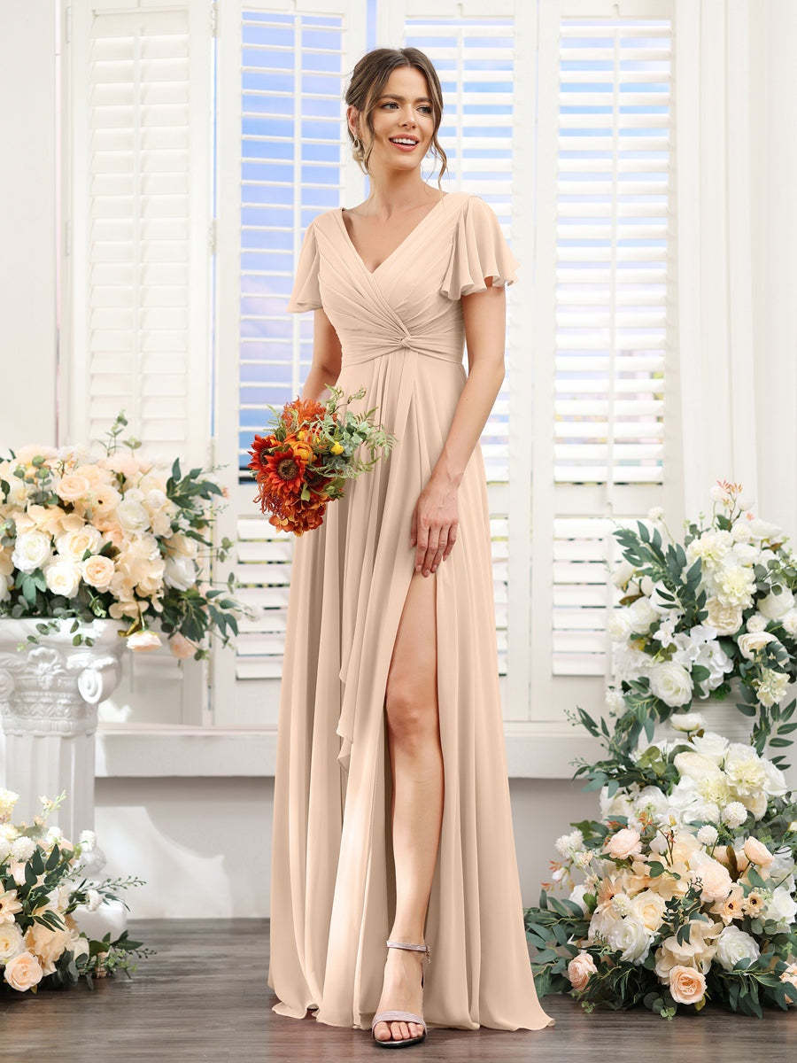 V-Neck A-Line Floor-Length Bridesmaid Dress with Side Split and Short Sleeves