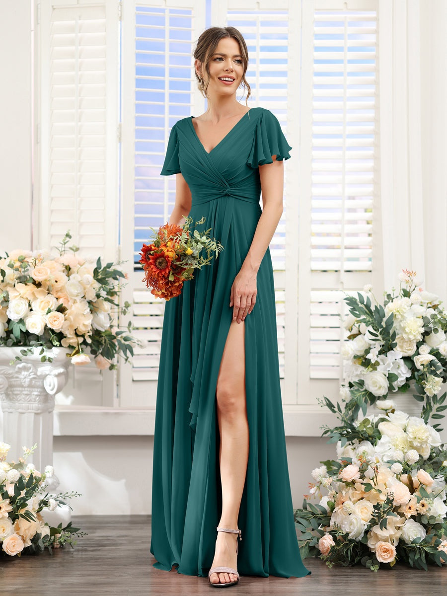 V-Neck A-Line Floor-Length Bridesmaid Dress with Side Split and Short Sleeves