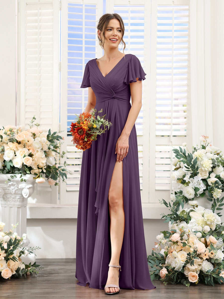 V-Neck A-Line Floor-Length Bridesmaid Dress with Side Split and Short Sleeves
