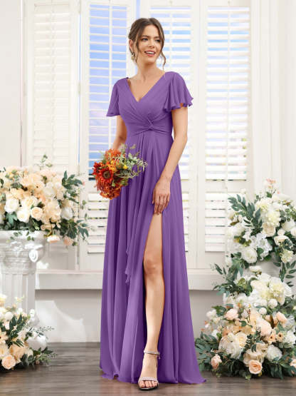 V-Neck A-Line Floor-Length Bridesmaid Dress with Side Split and Short Sleeves